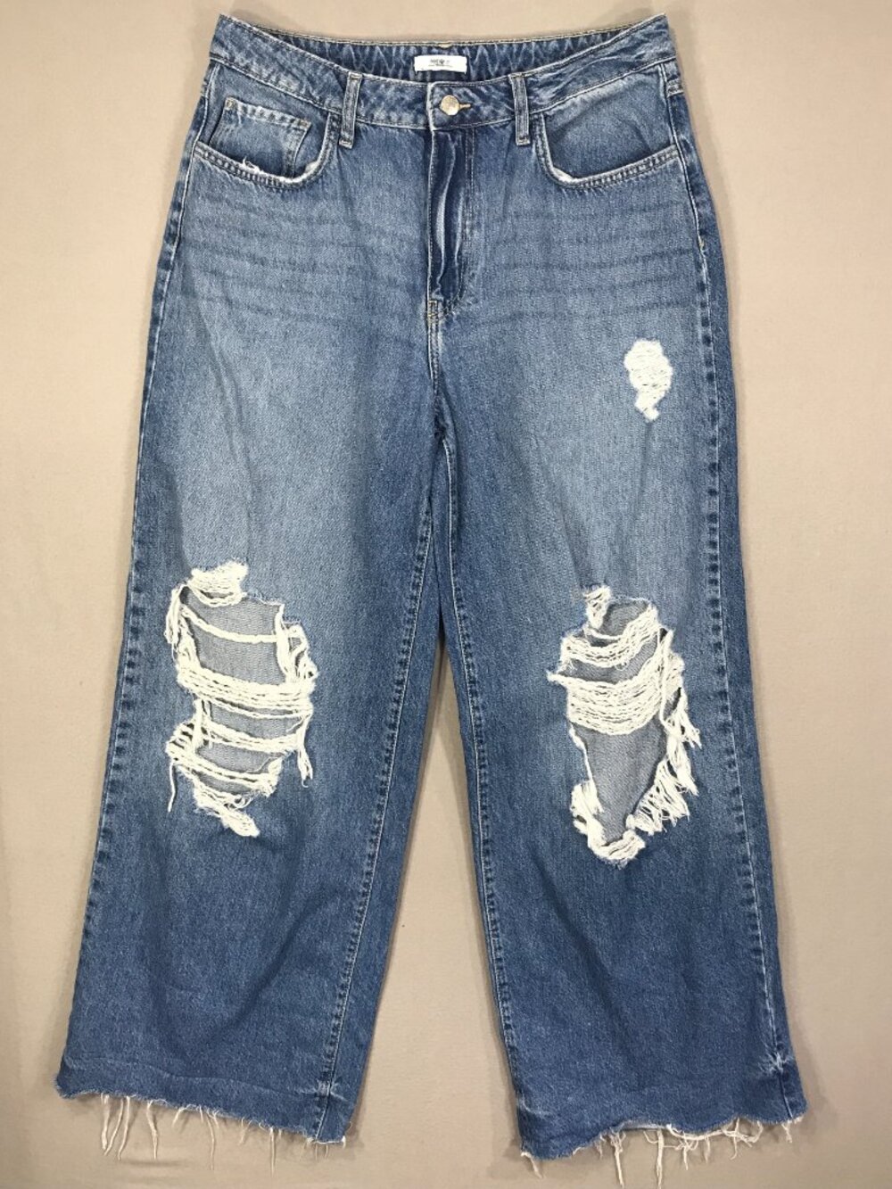 Forever 21 Jeans Women's 30 Blue Denim Distressed High Rise Wide Leg Raw Hem